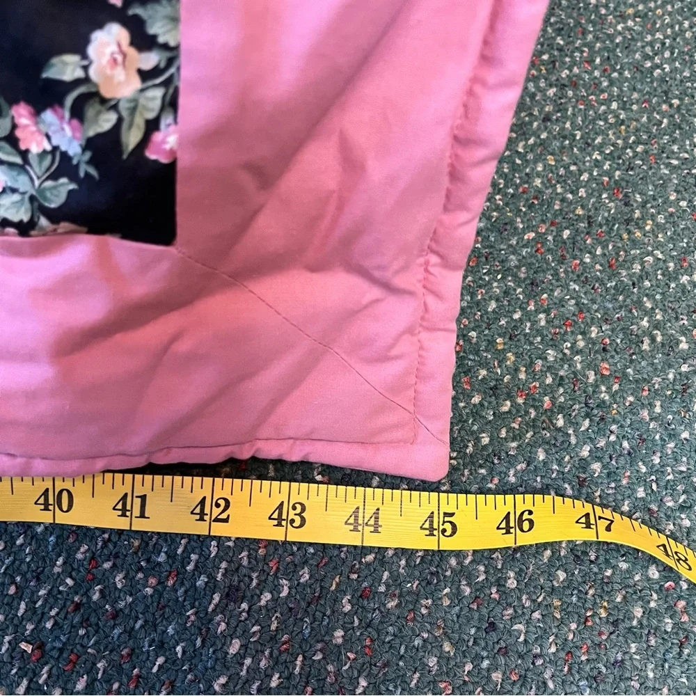 Vintage Handmade Quillow Quilted Pillow Blanket Travel Roses Pink & Black